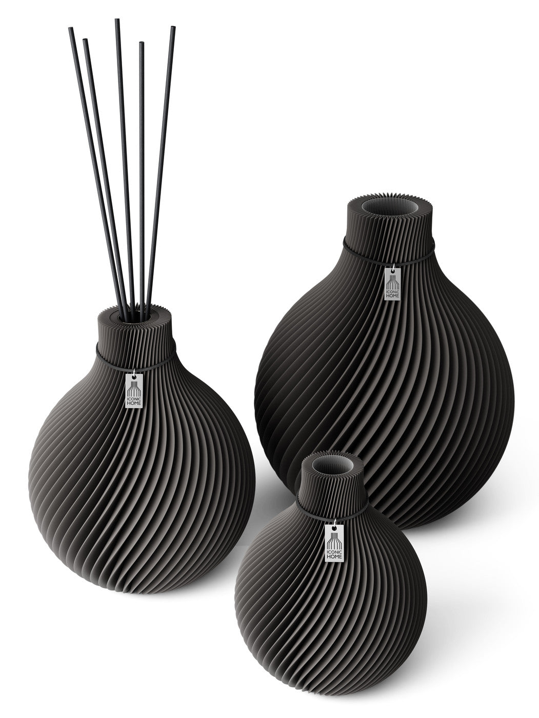 3 Vasen Set Duftvase Sphere Stormy Gray 26 cm ICONIC HOME Schwarzes Band