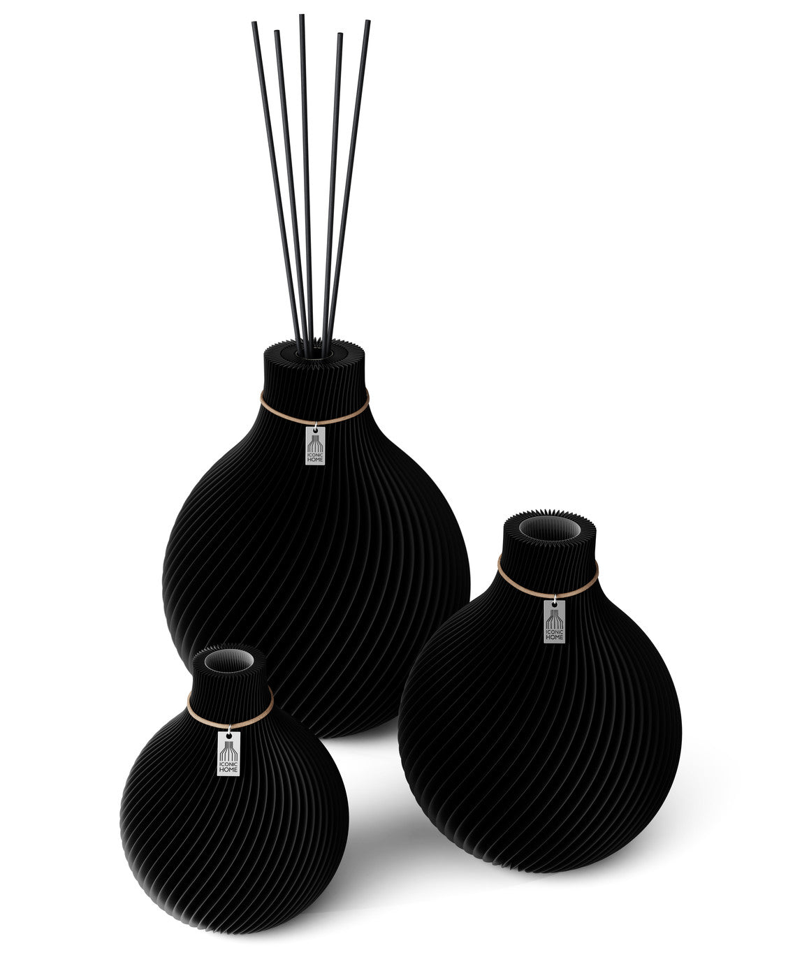 3 Vasen Set Duftvase Sphere Deep Black 32 cm ICONIC HOME Naturfarbenes Band