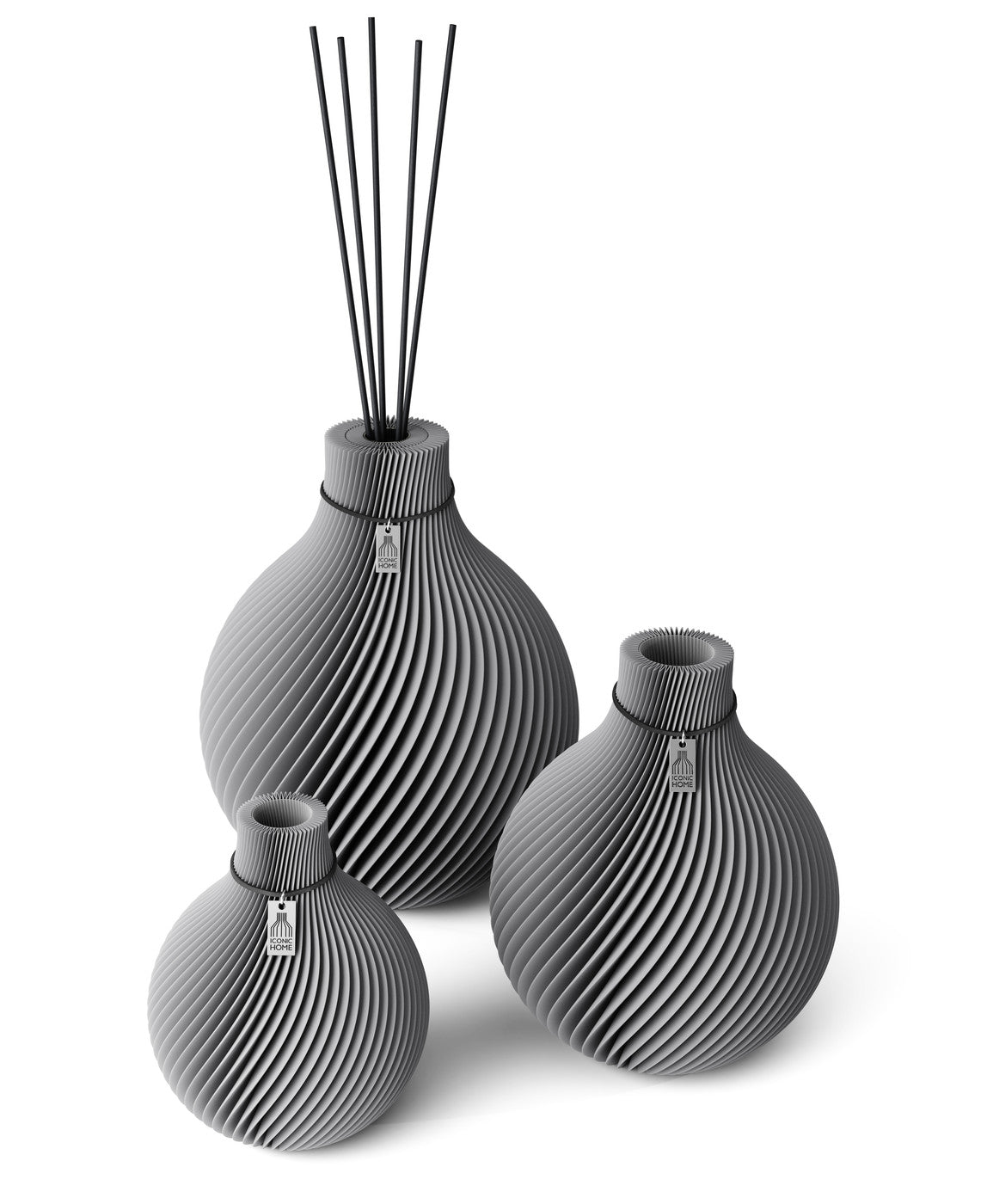 3 Vasen Set Duftvase Sphere Dreamy Gray 32 cm ICONIC HOME Schwarzes Band