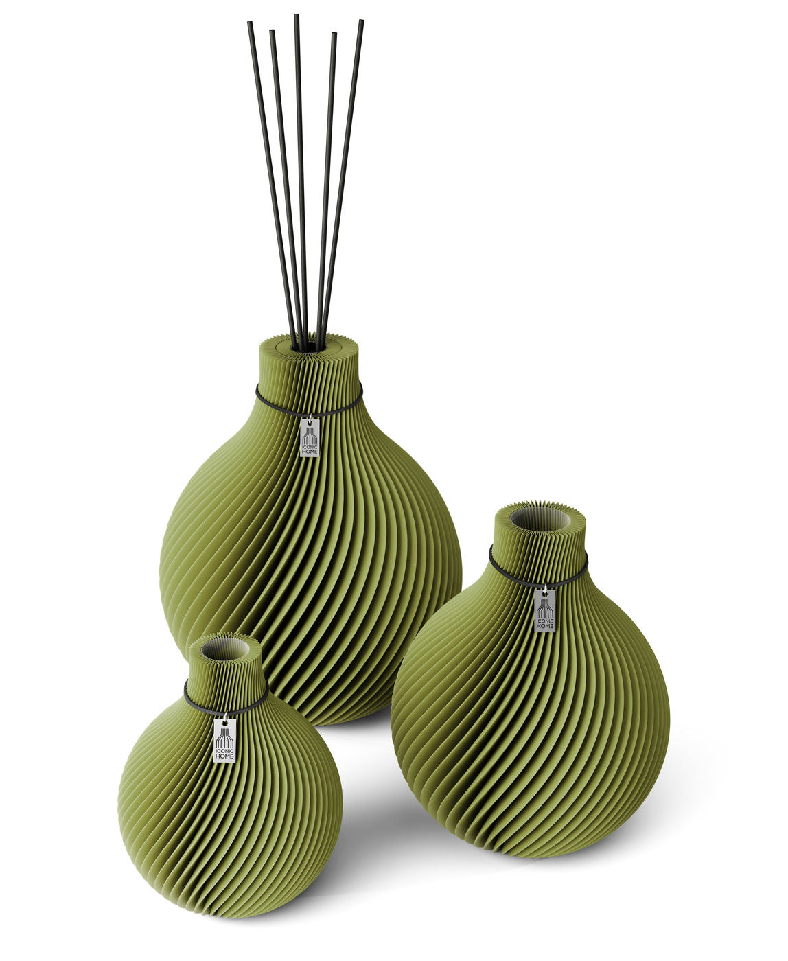 Duftvase Sphere Matcha Green schwarzes Band 32 cm 3er Set ICONIC HOME