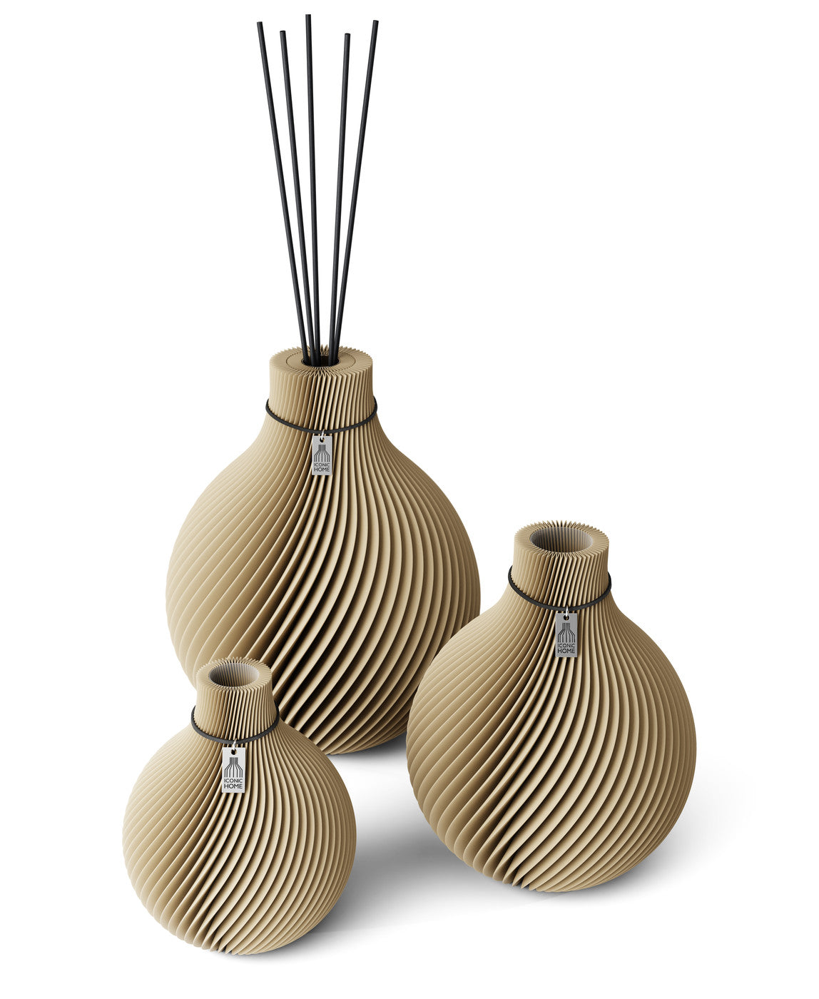 3 Vasen Set Duftvase Sphere Natural Oak 32 cm ICONIC HOME Schwarzes Band