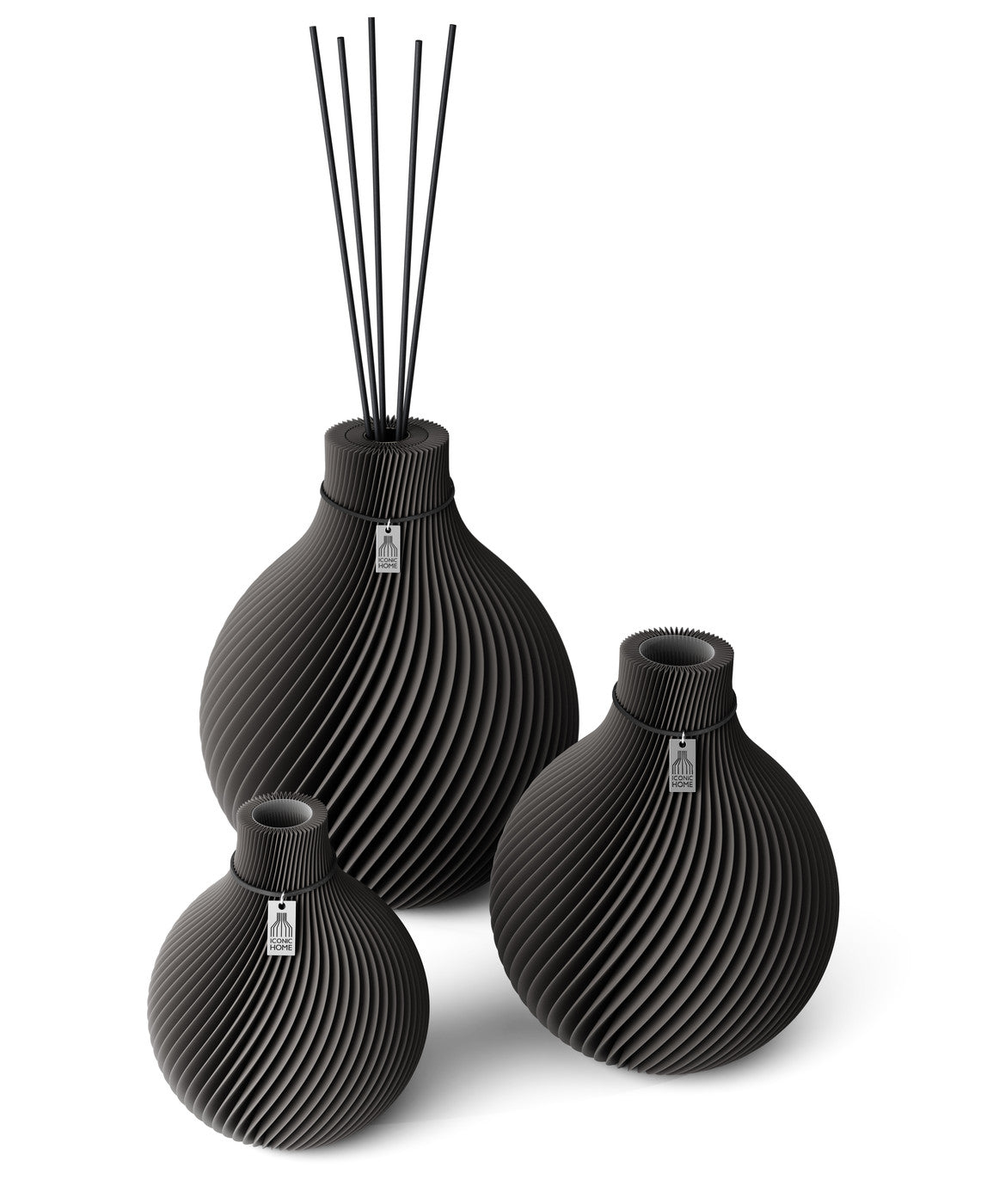 3 Vasen Set Duftvase Sphere Stormy Gray 32 cm ICONIC HOME Schwarzes Band