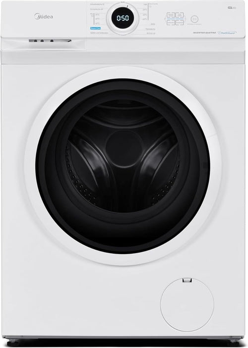 Midea MF10EW80B Waschmaschine / 8kg / 1400 U/Min/EEK A/Inverter Quattro Moto/Dampffunktion/Grosse Trommel/Slim Design/Nachlegefunktion/Kindersicherung/AquaStop, Weiß
