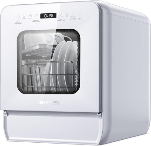 AIRMSEN Tischgeschirrspüler Mini Geschirrspüler mit wassertank klarspüler spülmaschine mit 9 Programme 37 * 50cm Ultra-Schmal Tief, 1-24H Timer, 360°