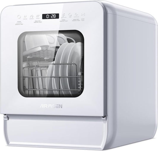 AIRMSEN Tischgeschirrspüler Mini Geschirrspüler mit wassertank klarspüler spülmaschine mit 9 Programme 37 * 50cm Ultra-Schmal Tief, 1-24H Timer, 360°