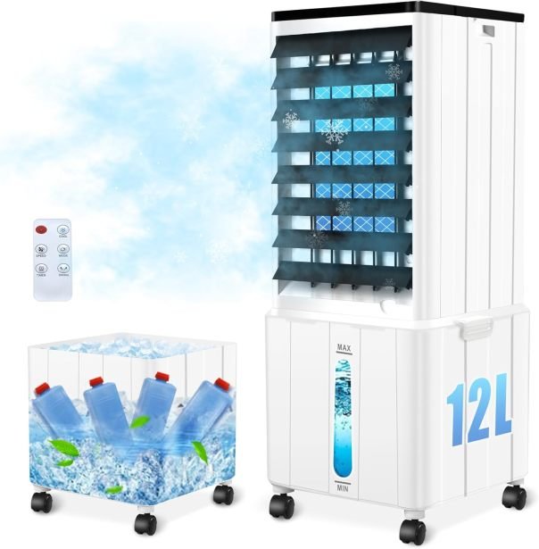 Klimagerät ohne Abluftschlauch, 12L 60W Klimaanlage Mobil mit 12H Timer, 3 Modus, 40dB, 120°Oszillation, Abnehmbare Wassertank, Fernbedienung, Leise