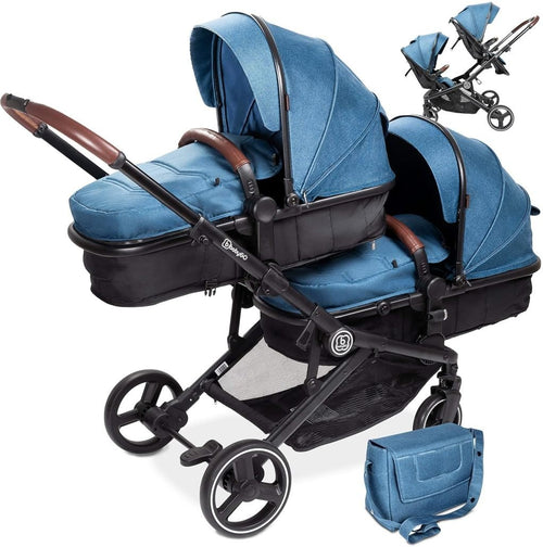 babyGO Kinderwagen 3 in 1 für Zwillinge – Geschwisterkinderwagen/Geschwisterwagen für Babys – Zwillingskinderwagen/Zwillingswagen für 2 Kinder mit viel Zubehör (Blau Melange-ohne Babyschale) 1