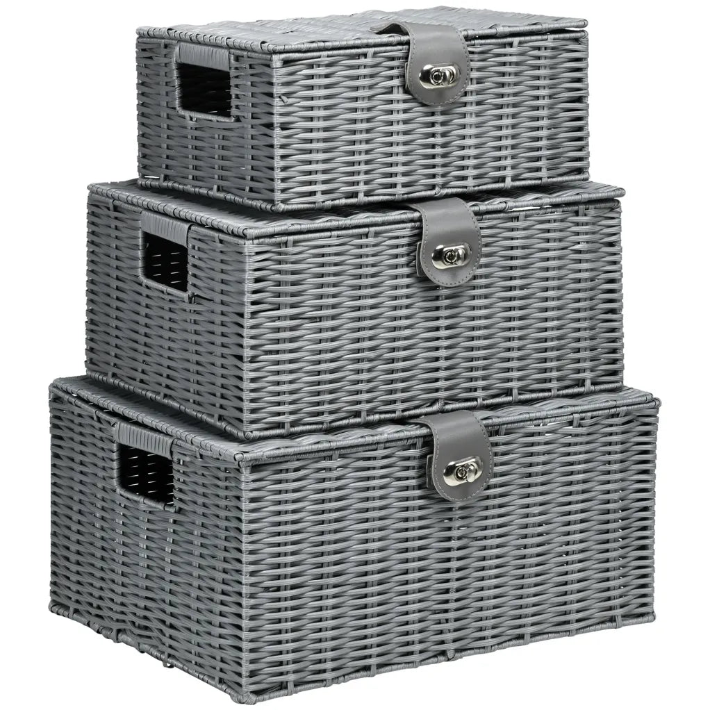 HOMCOM Aufbewahrungskorb 3er-Set handgeflochten mit Deckel