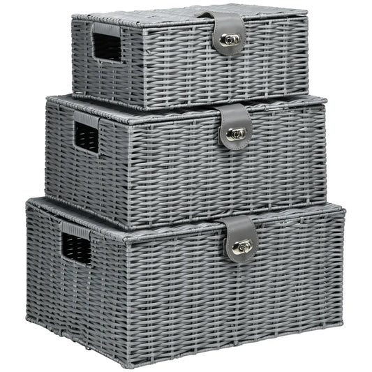 HOMCOM Aufbewahrungskorb 3er-Set handgeflochten mit Deckel