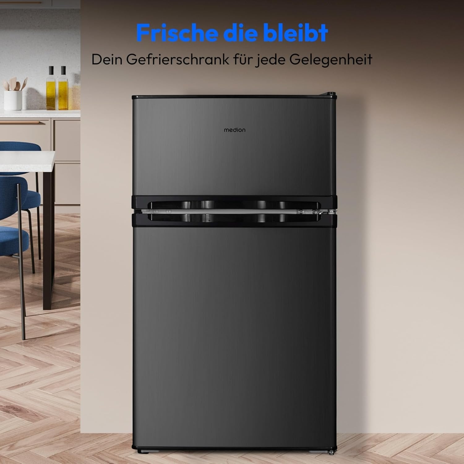 MEDION Mini Kühl-Gefrierkombination (85 Liter, 61L Kühlteil, 24L Gefrierteil, freistehend, 40 dB, transparente Gemüseschublade, Türanschlag wechselbar, MD 37689) grau 1