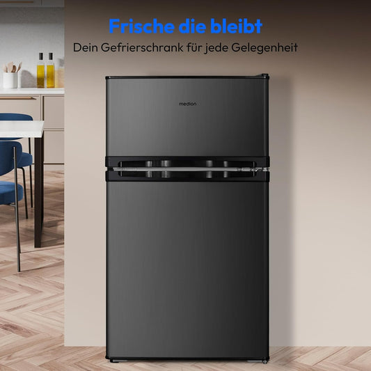 MEDION Mini Kühl-Gefrierkombination (85 Liter, 61L Kühlteil, 24L Gefrierteil, freistehend, 40 dB, transparente Gemüseschublade, Türanschlag wechselbar, MD 37689) grau 1