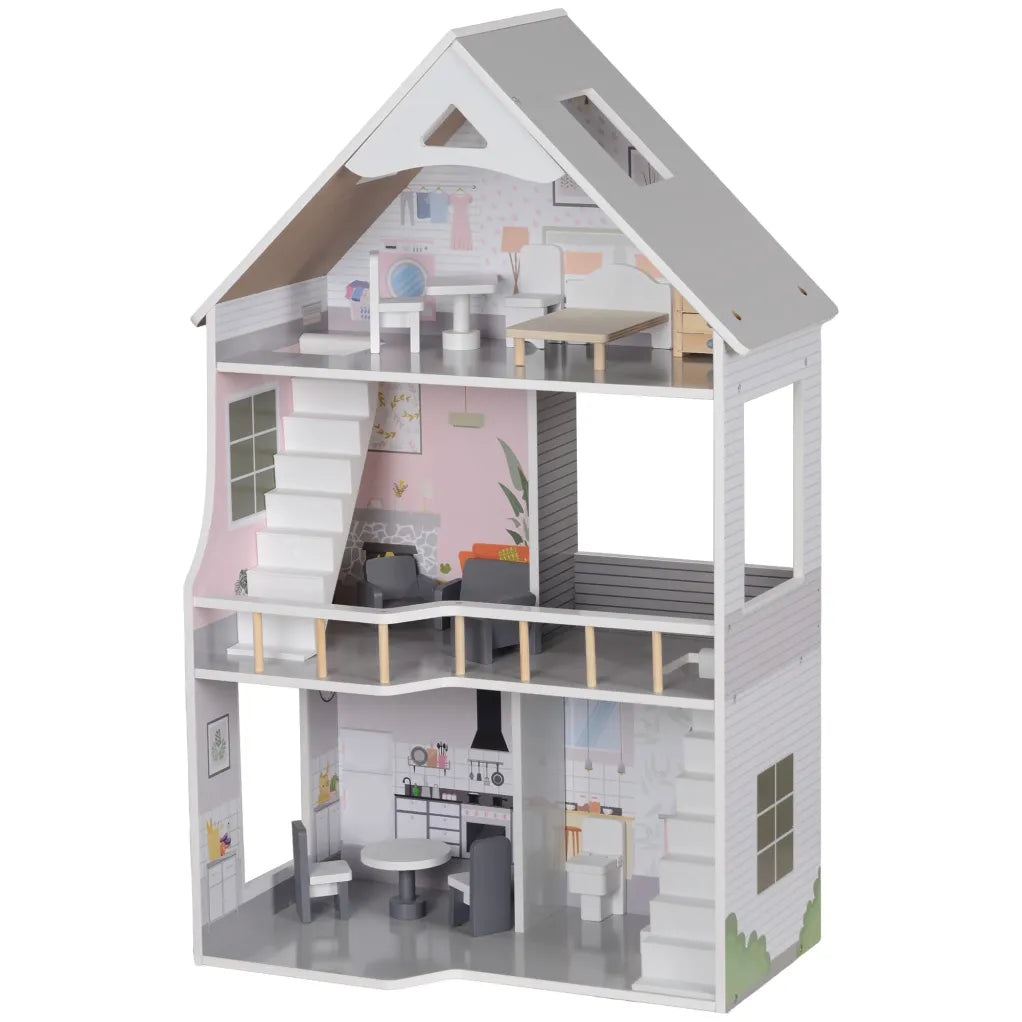 AIYAPLAY Puppenhaus Holz 3-stöckig mit 13 Möbeln offenes Spiel