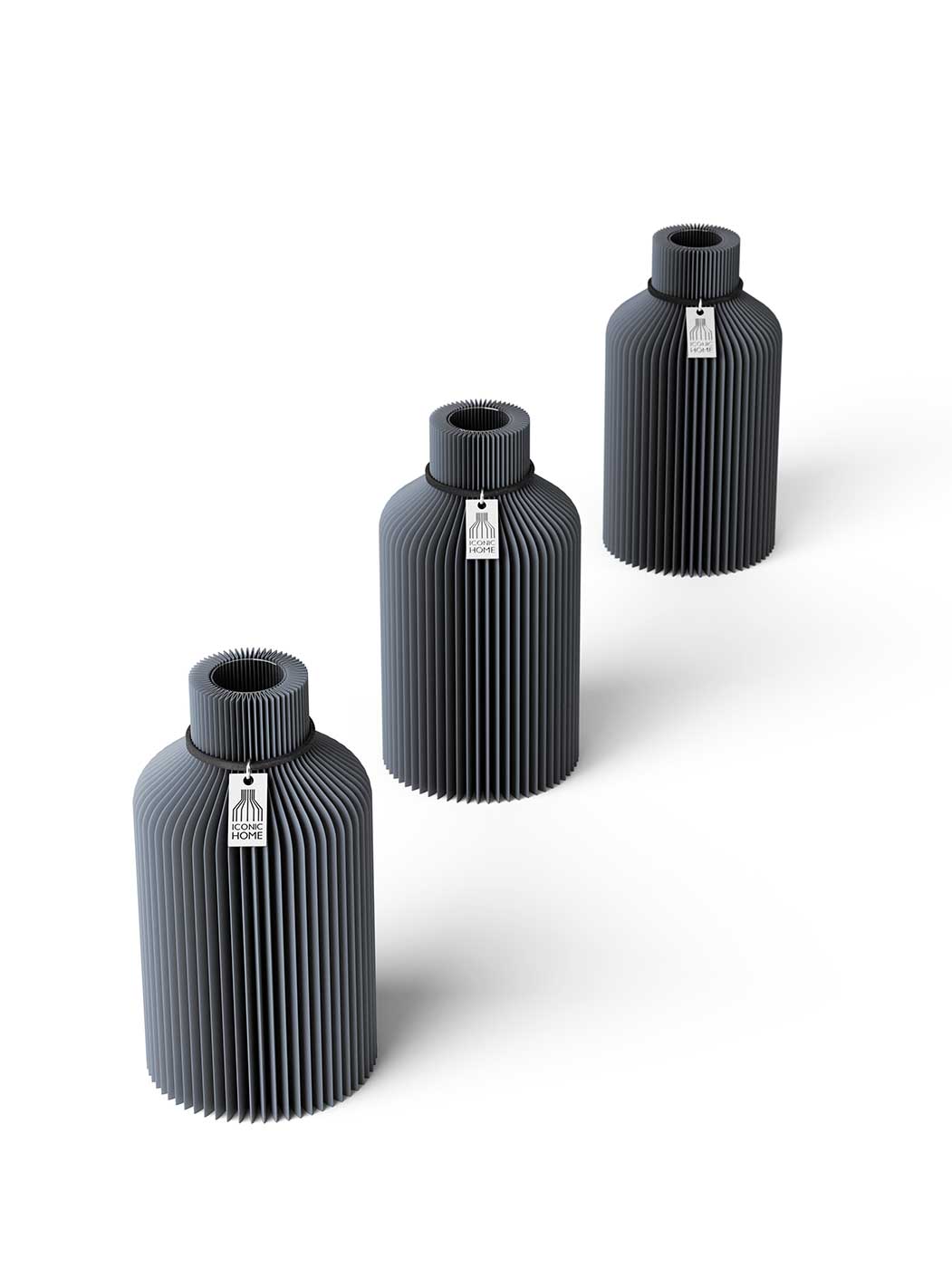 Tischvase Pure schwarzes Band 3 Vasen 15 cm Shadow Gray ICONIC HOME