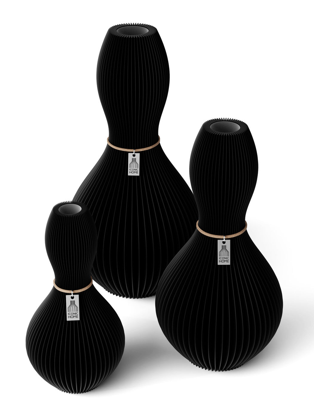 3 Vasen Set Shape Deep Balck ICONIC HOME Naturfarbenes Band