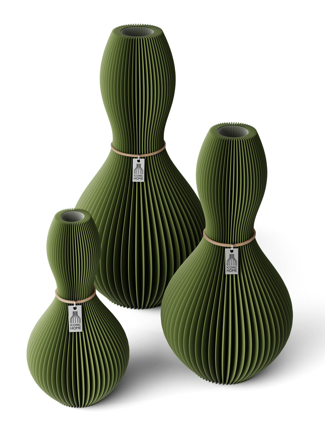 3 Vasen Set Shape Moss Green ICONIC HOME Naturfarbenes Band