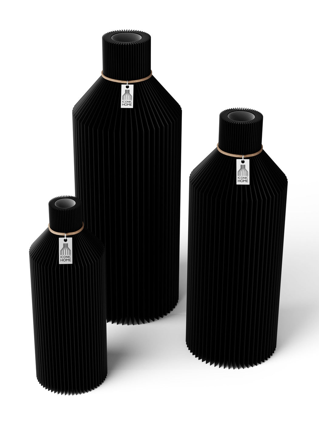 3 Vasen Set Straight Deep Black ICONIC HOME Naturfarbenes Band