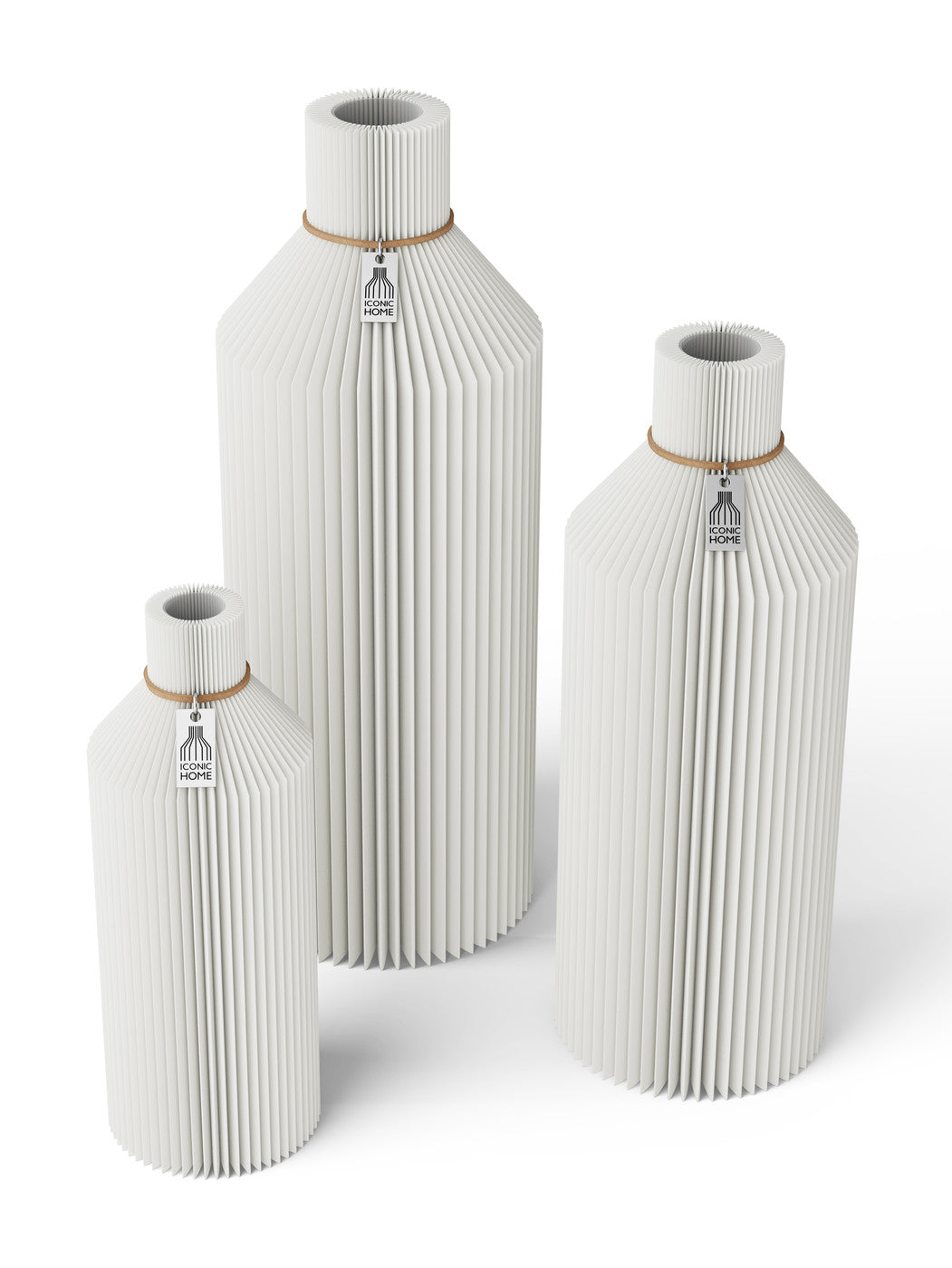 3 Vasen Set Straight Pure White ICONIC HOME Naturfarbenes Band