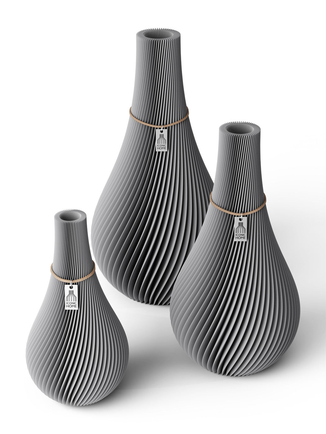 3 Vasen Set Twist Dreamy Gray ICONIC HOME Naturfarbenes Band