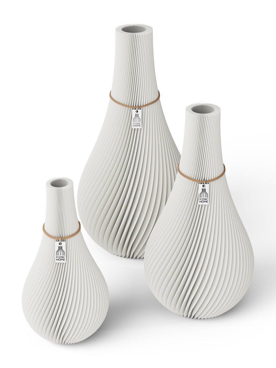 3 Vasen Set Twist Pure White ICONIC HOME Naturfarbenes Band
