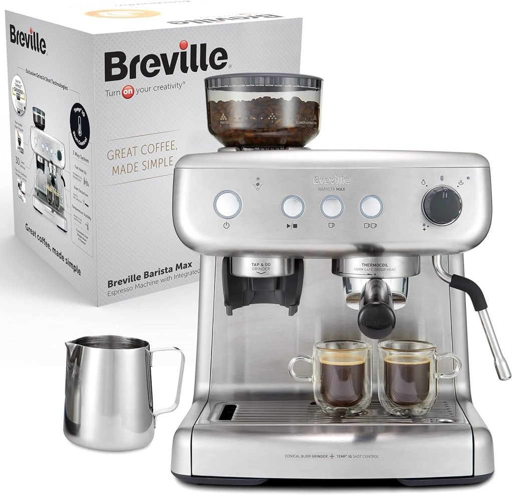 Breville Barista Max Siebträgermaschine | Espressomaschine/Kaffeemaschine mit integriertem Mahlwerk und Milchaufschäumer| 2,8-l-Wasserbehälter | Italienische Pumpe mit 15 Bar | Edelstahl [VCF126X] 1